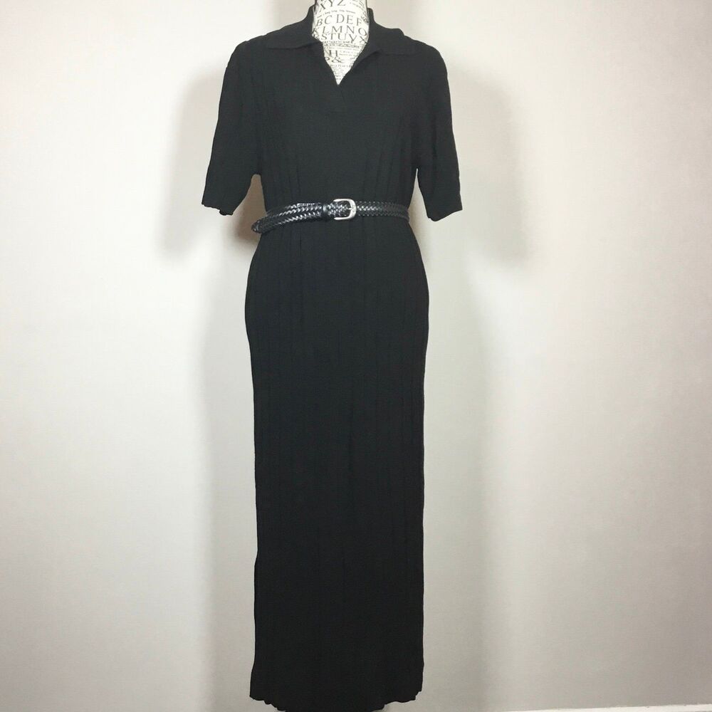 Black ribbed stretchy long dress form fitting collar vee neck short sleeves S